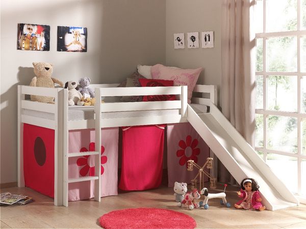 Spielbett Pino mit Rutsche und Textilset "Pink Flower", Ausf. Kiefer massiv weiß lackiert