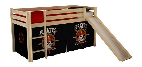 Spielbett Pino mit Rutsche und Textilset "Pirates", Ausf. Kiefer massiv natur lackiert