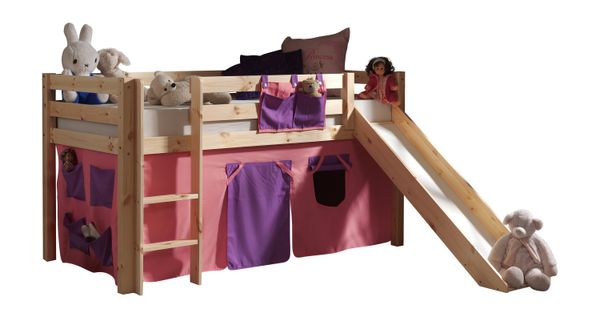 Spielbett Pino mit Rutsche und Textilset "Bella", Ausf. Kiefer massiv natur lackiert
