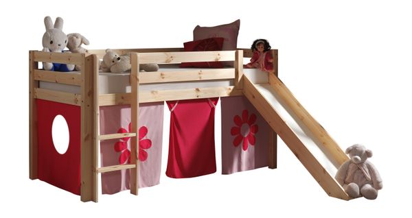 Spielbett Pino mit Rutsche und Textilset "Pink Flower", Ausf. Kiefer massiv natur lackiert