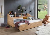 Funktionsbett RENE ausziehbar (90-180x200 cm), mit 2 Schubladen & Regal, Eiche Artisan Dekor
