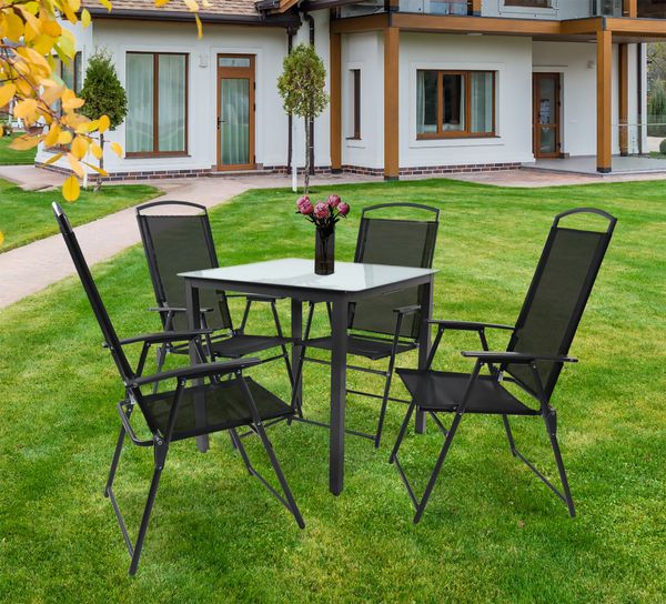 5-tlg Gartenmöbel Sitzgruppe Gartenmöbel Glas Tisch Stühle Hochlehner Set 80 Mattglas