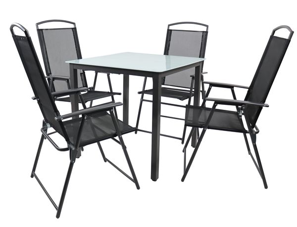 5-tlg Gartenmöbel Sitzgruppe Gartenmöbel Glas Tisch Stühle Hochlehner Set 80 Mattglas