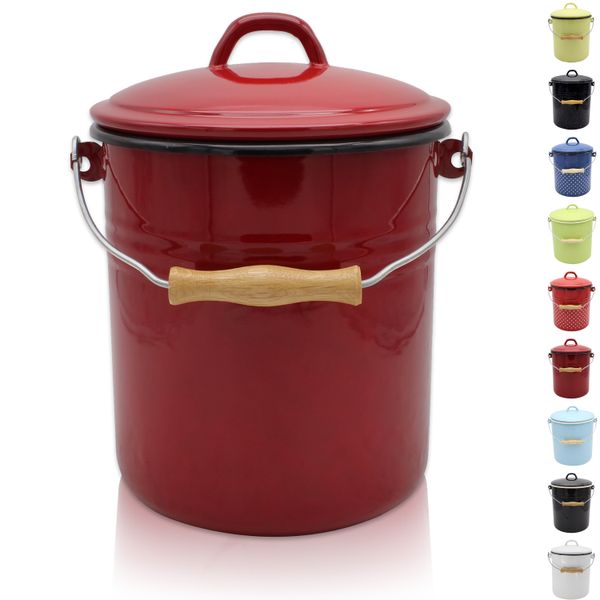 Emaillierter Mülleimer mit Deckel rot, 5 Liter