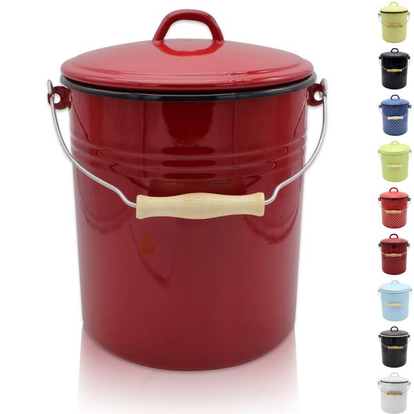 Emaillierter Mülleimer mit Deckel rot, 10 Liter
