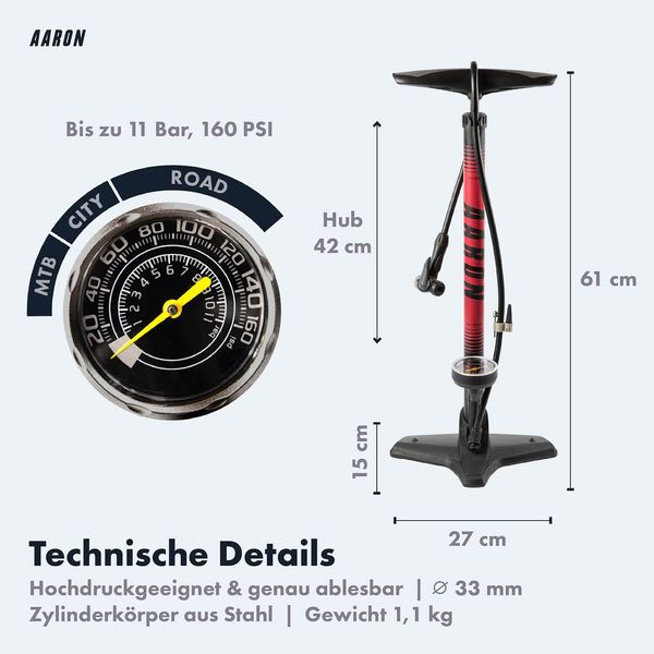 Luftpumpe Sport One in Rot Fahrrad-Stand-Pumpe für alle Ventile mit Manometer