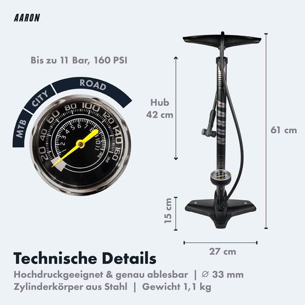 Luftpumpe Sport One in Grau Fahrrad-Stand-Pumpe für alle Ventile mit Manometer