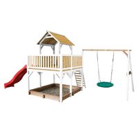 Atka Spielturm mit Summer Nestschaukel Braun/Weiß - Rote Rutsche