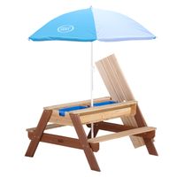 Nick Sand & Wasser Picknicktisch Braun - Sonnenschirm Blau/weiß