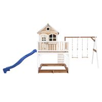 Liam Spielhaus mit Doppelschaukel Braun/Weiß - Blaue Rutsche