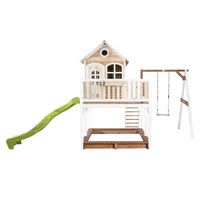 Liam Spielhaus mit Einzelschaukel Braun/Weiß - Lindgrüne Rutsche