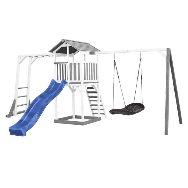 Beach Tower Spielturm mit Klettergerüst und Roxy Nestschaukel - Blaue Rutsche