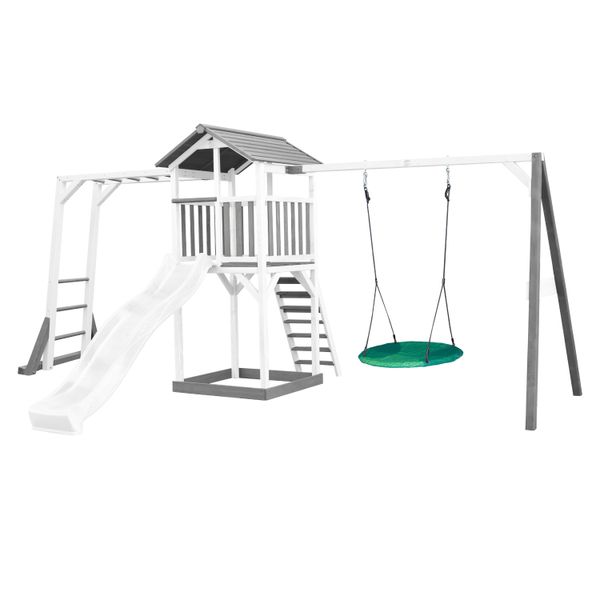 Beach Tower Spielturm mit Klettergerüst und Summer Nestschaukel - Weiße Rutsche