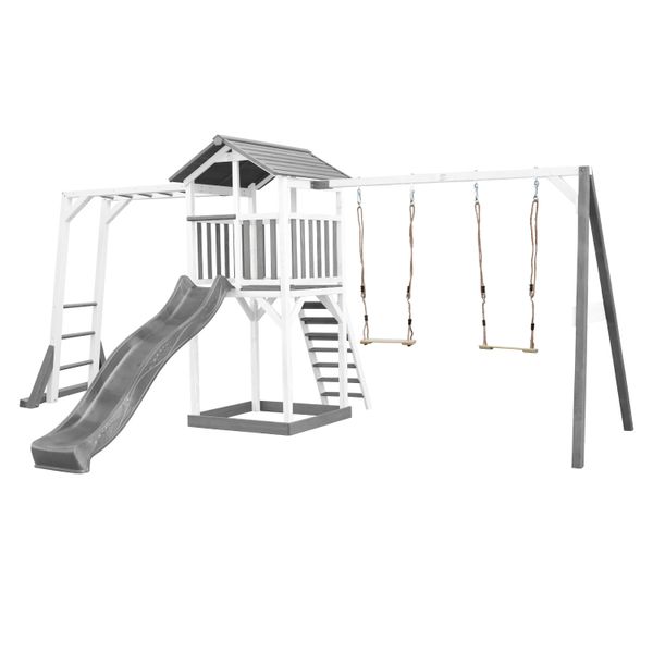 Beach Tower Spielturm mit Klettergerüst und Doppelschaukel - Graue Rutsche
