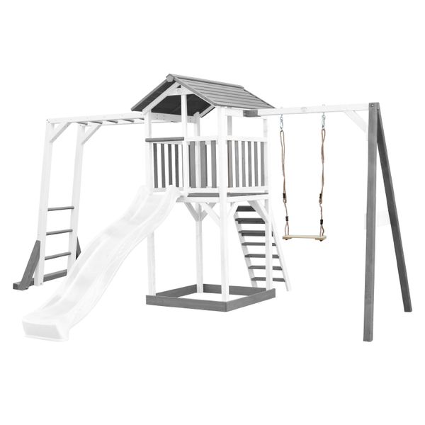 Beach Tower Spielturm mit Klettergerüst und Einzelschaukel - Weiße Rutsche
