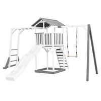 Beach Tower Spielturm mit Klettergerüst und Einzelschaukel - Weiße Rutsche