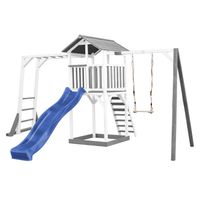 Beach Tower Spielturm mit Klettergerüst und Einzelschaukel - Blaue Rutsche