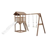 Beach Tower Spielturm mit Doppelschaukel braun - weiße Rutsche