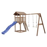 Beach Tower Spielturm mit Doppelschaukel Braun - Blaue Rutsche