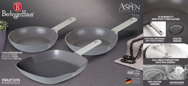 BH/7076 Aspen Collection Bratpfannen Set 3-tlg. in Grau mit Grillpfanne
