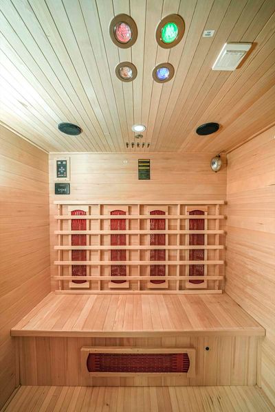 Infrarotkabine 175x120x190 cm aus kanadischem Hemlock-Holz Bluetooth-Soundsystem Timer Lichttherapie in 4 Farben digitale Steuerung