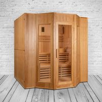 Finnische Sauna 208x200x200 cm Harvia Saunaofen für 5 Personen Hemlockholz komplettes Zubehör Saunasteine Glastür Thermometer Beleuchtung