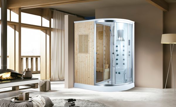 Luxus Dampfdusche mit Saunafunktion 170x100 cm Massagedüsen LED-Lichtern Tropenbrause Sitzfläche Radio LCD-Bildschirm Rücken und Fußmassage