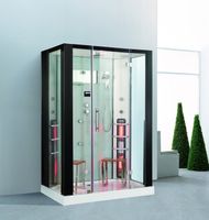 Dampfdusche und Infrarotsauna 145x90 cm mit Aluminiumrahmen komplettem Zubehör Tropenbrause Sitzfläche Radio Massagefunktion Schwarz/Weiß
