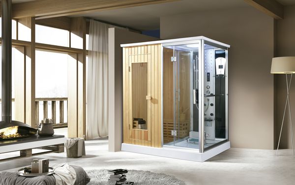 finnische Sauna und Dampfdusche 170x120 cm mit Aluminiumrahmen komplettem Zubehör Tropenbrause Sitzfläche Radio Fußmassage Rückenmassage