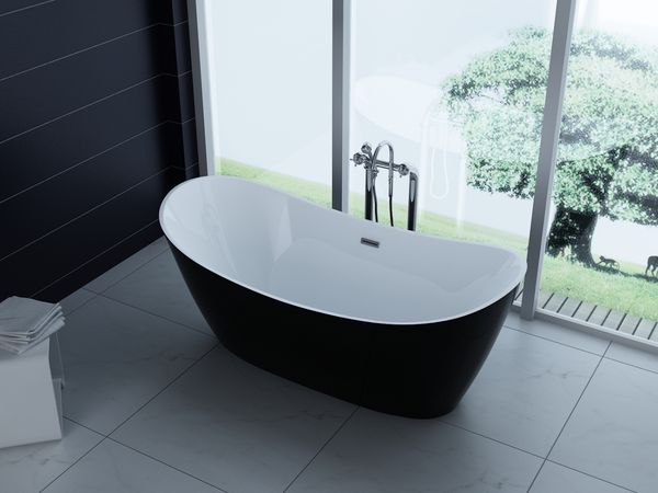 freistehende Acryl-Badewanne 170x80 cm elegant inkl. Siphon Überlaufschutz leicht zu pflegende Oberfläche extra starker Rahmen Schwarz/Weiß