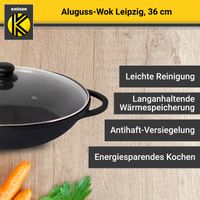 Aluguss Wok LEIPZIG mit Glasdeckel und Zubehör, 36 cm