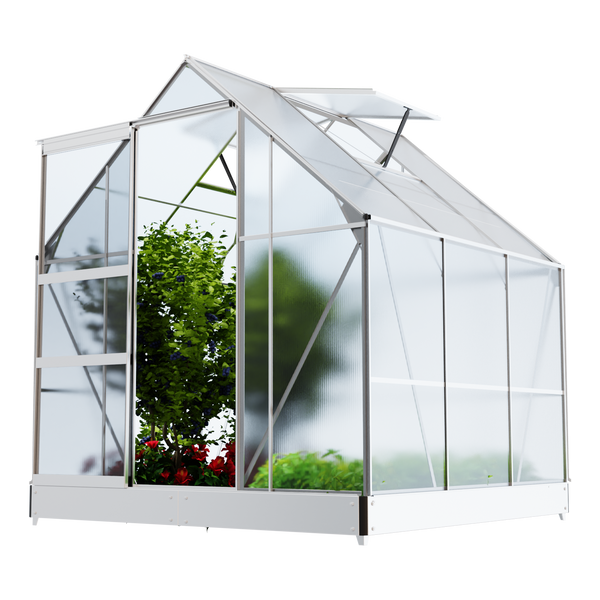 Gewächshaus GH04 Aluminium 4mm inkl. Fundament mit Dachfenster, Schiebetür, UV-Schutz