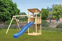 Spielturm Anna mit blauer Rutsche und Schaukelanbau