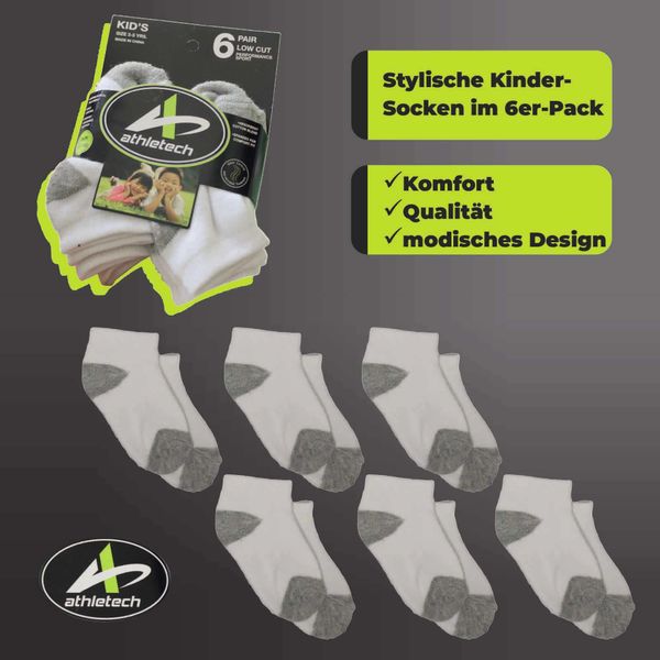 6 Paar Low-Cut-Sportsocken für Kinder 3-5 Jahre bis Gr. 34 grau weiß