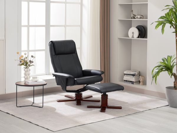 Verstellbarer Relaxsessel mit Hocker & Holzbeine - Schwarz