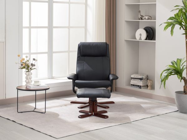 Verstellbarer Relaxsessel mit Hocker & Holzbeine - Schwarz