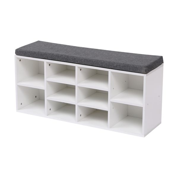 Sitzbank mit Schuhablage, Sitzkissen und 10 Fächer - ca. 102 cm x 30 cm x 48,5 cm - Weiß