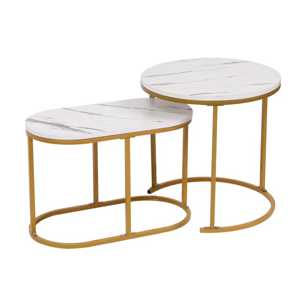 Happy Home Satztisch Couchtisch Beistelltisch 2 tlg. HWT52-WEI Marmor Weiß Dekor Gestell Gold