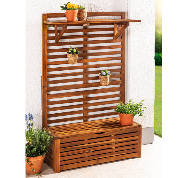 Blumenregal mit Aufbewahrung & Sitzbank aus Akazienholz, ca. 39 x 91,5 x 151,5 cm - Braun