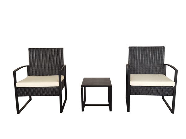 3tlg. Casual-Set Balkonset Sitzgruppe schwarzes Rattan mit Sitzkissen in beige