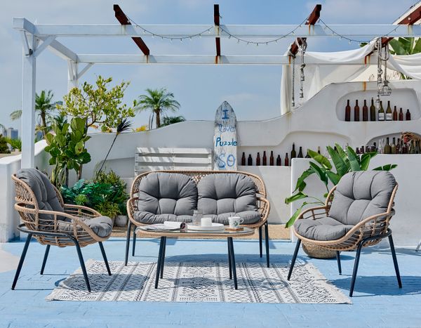 8tlg. Lounge-Set aus hellem Rattan mit Sitzkissen - Grau