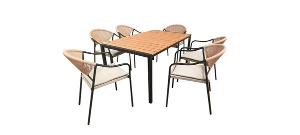 Happy Home 7 tlg. Dining Set HGS33-BEI helles Rattan mit Sitzkissen in Beige