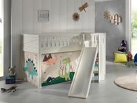 Spielbett SCOTT, 90x200 cm, mit Lattenrost, Rutsche, Leiter, Textilset "Dino", weiß lackiert