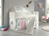 Spielbett SCOTT, LF 90 x 200 cm, mit Rolllattenrost, Rutsche, Leiter und Textilset Vorhang und Tunnel "Birdy"