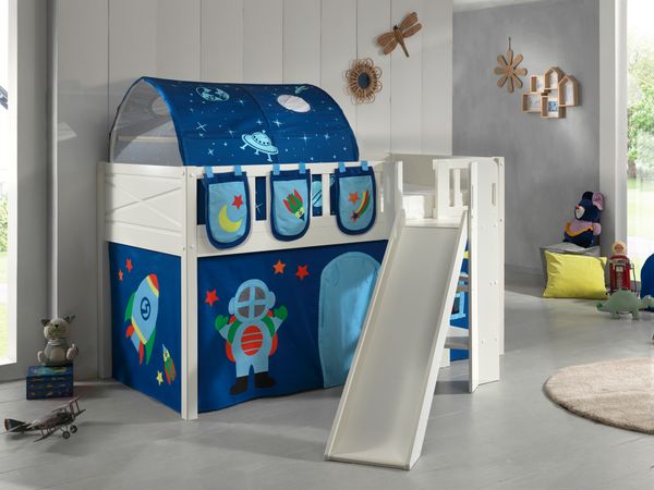 Spielbett SCOTT, 90x200 cm, mit Lattenrost, Rutsche, Leiter, Vorhang, Tunnel, 3 Taschen "Astro"