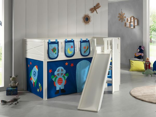 Spielbett SCOTT, 90x200 cm, mit Lattenrost, Rutsche, Leiter, Textilset Vorhang, 3 Taschen "Astro"