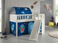 Spielbett SCOTT, LF 90 x 200 cm, mit Rolllattenrost, Rutsche, Leiter und Textilset Vorhang und Tunnel "Astro"