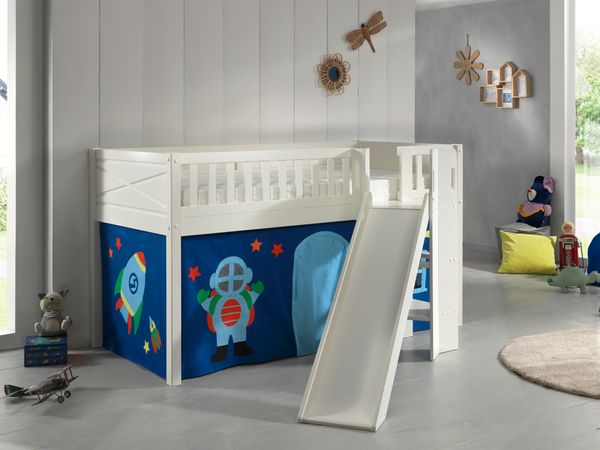 Spielbett SCOTT, LF 90 x 200 cm, mit Rolllattenrost, Rutsche, Leiter und Textilset Vorhang "Astro"