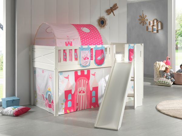 Spielbett SCOTT, 90x200 cm, mit Lattenrost, Rutsche, Leiter, Vorhang, Tunnel, 3 Taschen "Princess"