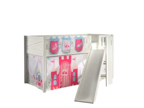 Spielbett SCOTT, 90x200 cm, mit Lattenrost, Rutsche, Leiter, Vorhang, 3 Taschen "Princess"